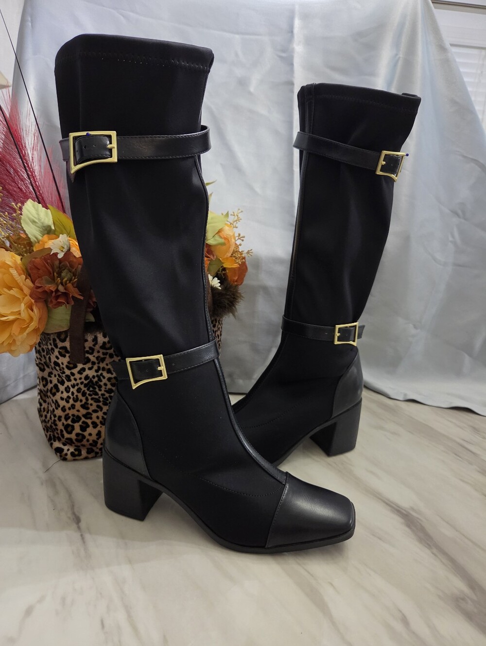 Black Knee-High Gold Buckle Block Heel Boots – Size 9.5 Wide Calf